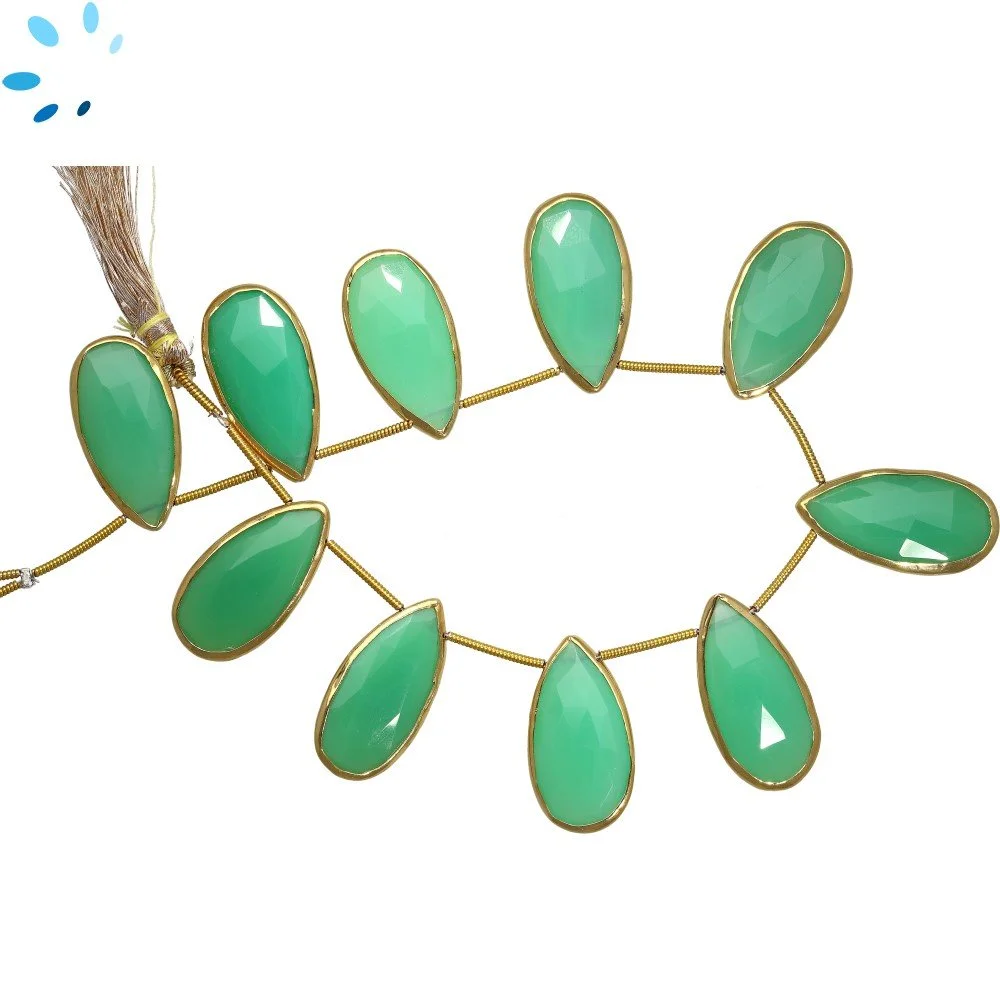 Chrysoprase Chalcedony Faceted Pear Bezel Set Beads 24x12 - 28x14mm Top Drilled - 18k Gold Plated Sterling Silver