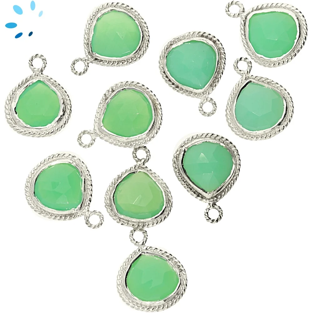 Chrysoprase Chalcedony Heart Twisted Wire Bezel Charm Pendant 10mm - Platinum Plated Sterling Silver - Set of 4