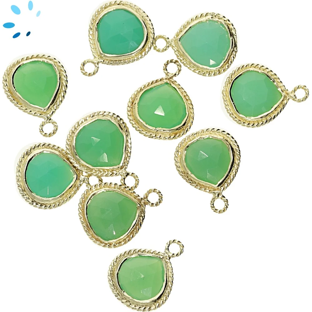 Chrysoprase Chalcedony Heart Twisted Wire Bezel Pendant Charm 10mm - 18k Gold Plated Sterling Silver - Set of 4