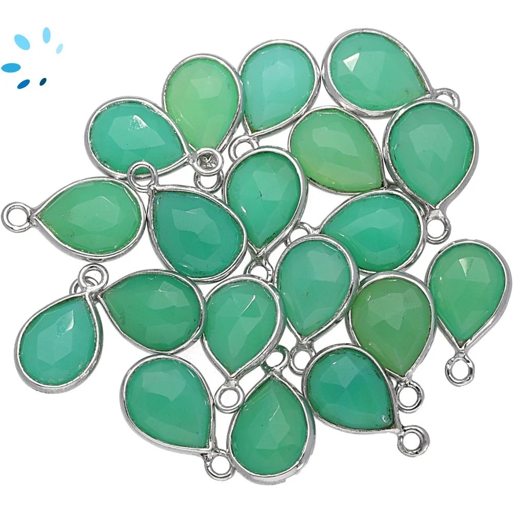 Chrysoprase Chalcedony Pear Bezel Pendant Charm 9x7mm - Platinum Plated Sterling Silver - Set of 4
