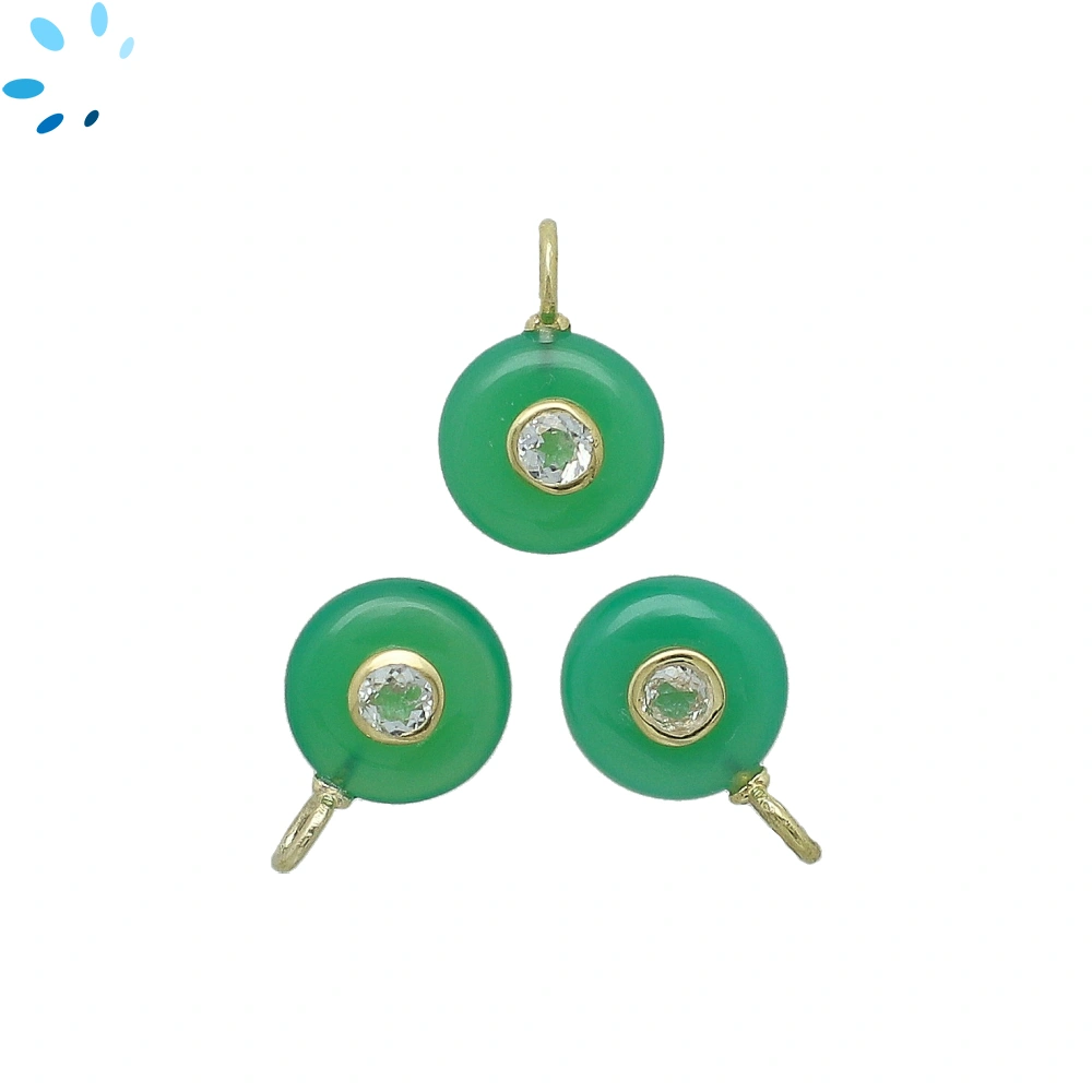 Chrysoprase Chalcedony & White Topaz Round Inlay Charm Pendant 12mm - 18k Gold Plated Sterling Silver - 1 Piece