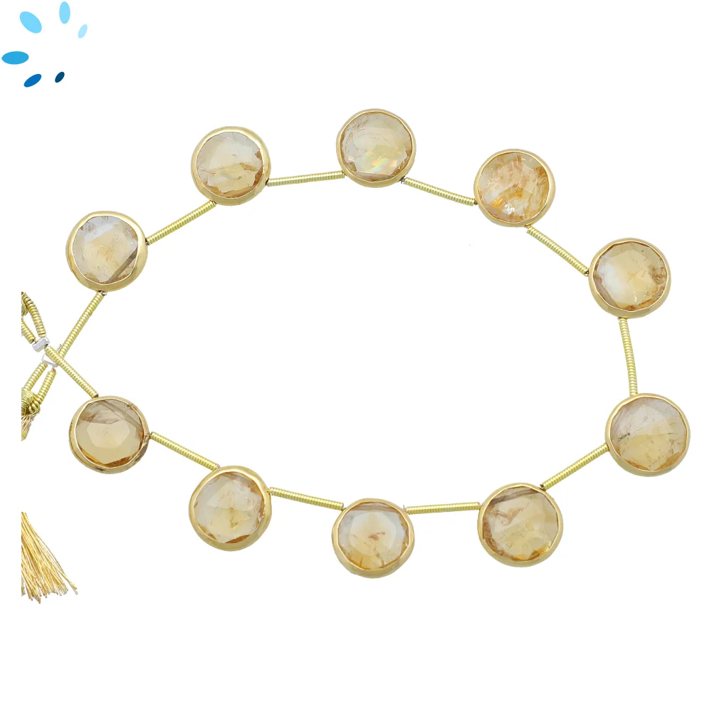 Citrine Faceted Coin Bezel Set Beads 10mm Top Drilled - 18k Gold Plated Sterling Silver