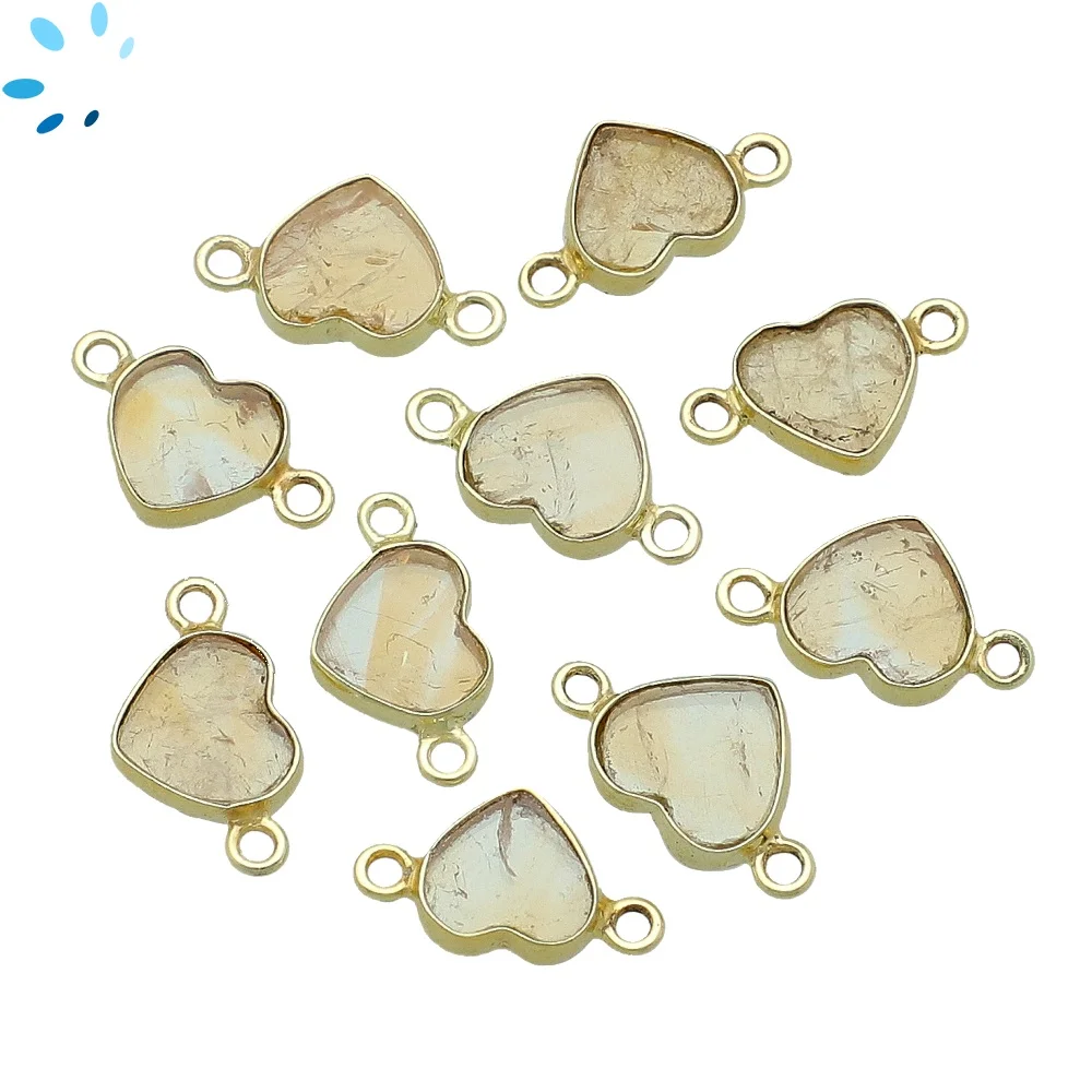 Citrine Heart Bezel Connector 9mm - 18k Gold Plated Sterling Silver - Set of 4
