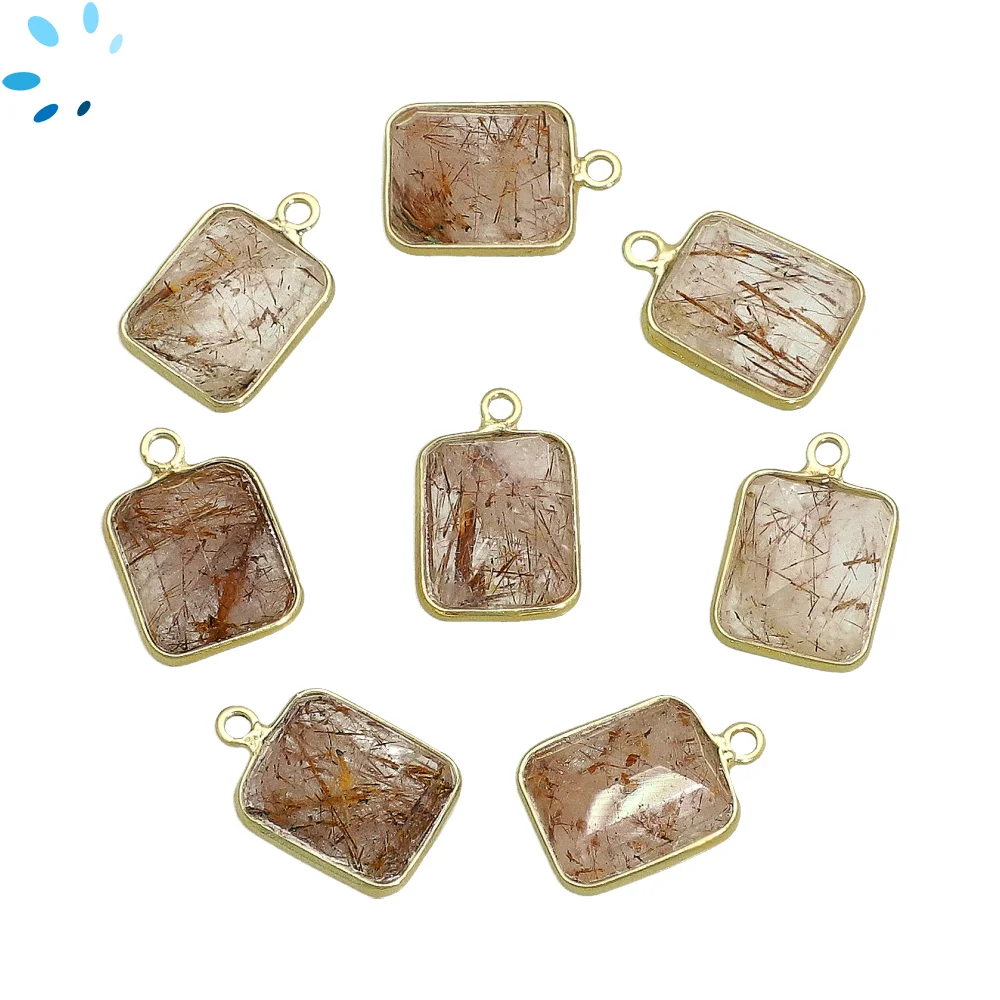 Copper Quartz Rectangle Bezel Pendant Charm 14x10mm - 18k Gold Plated Sterling Silver - Set of 4