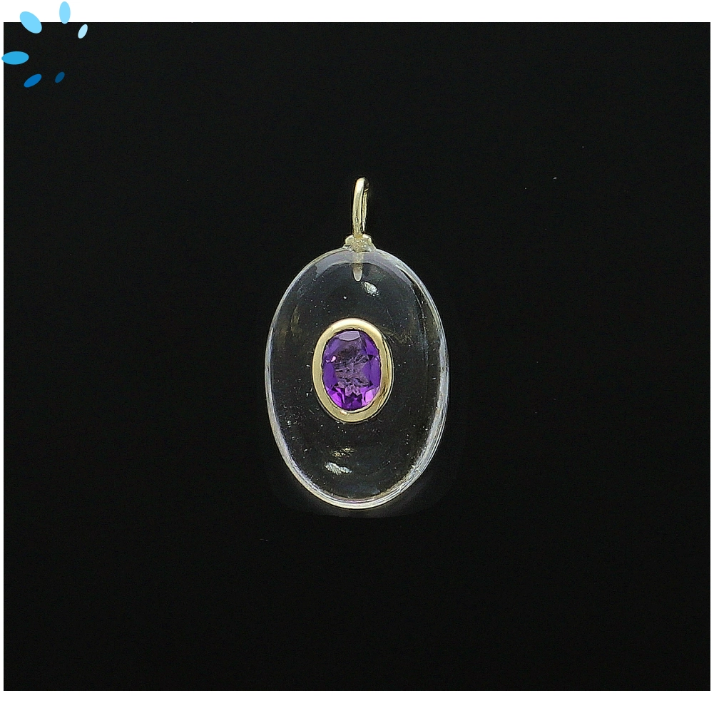 Crystal Quartz & Amethyst Oval Inlay Charm Pendant 22x15mm - 18k Gold Plated Sterling Silver