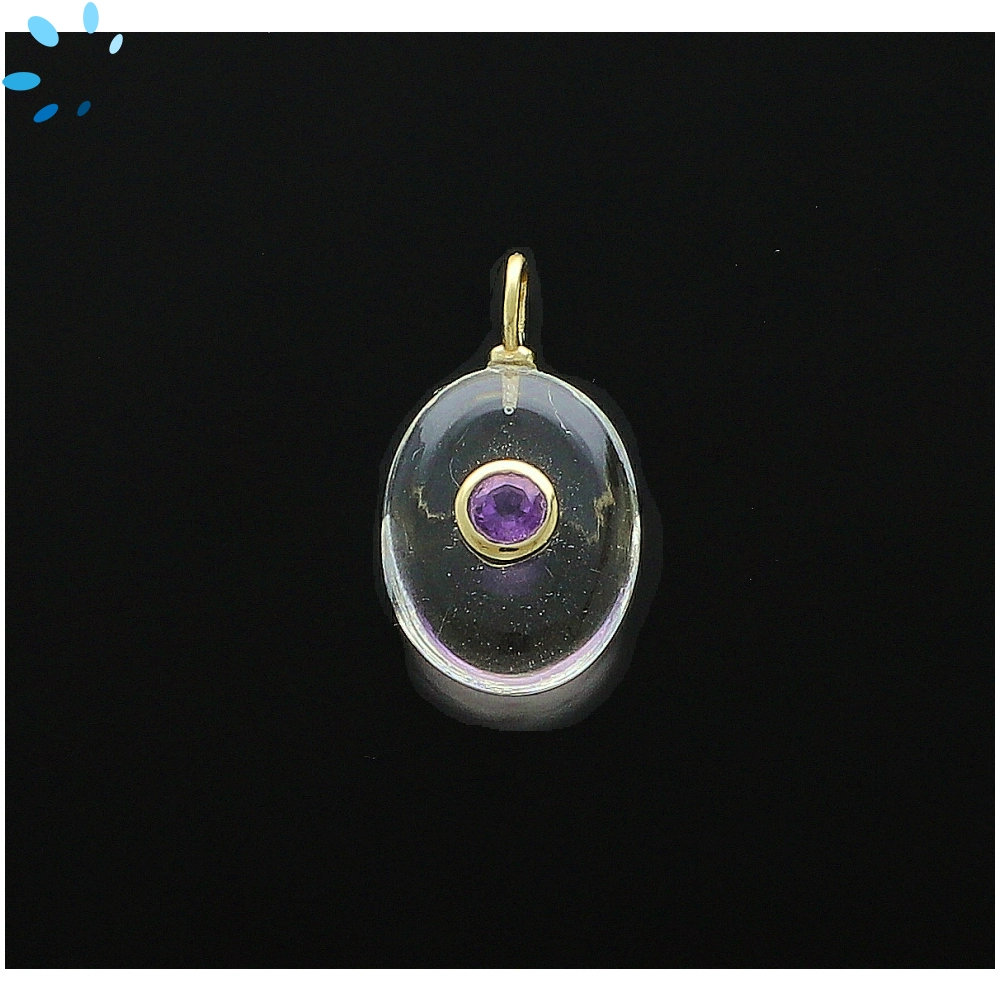 Crystal Quartz & Amethyst Oval Inlay Pendant Charm 17x13mm - 18k Gold Plated Sterling Silver
