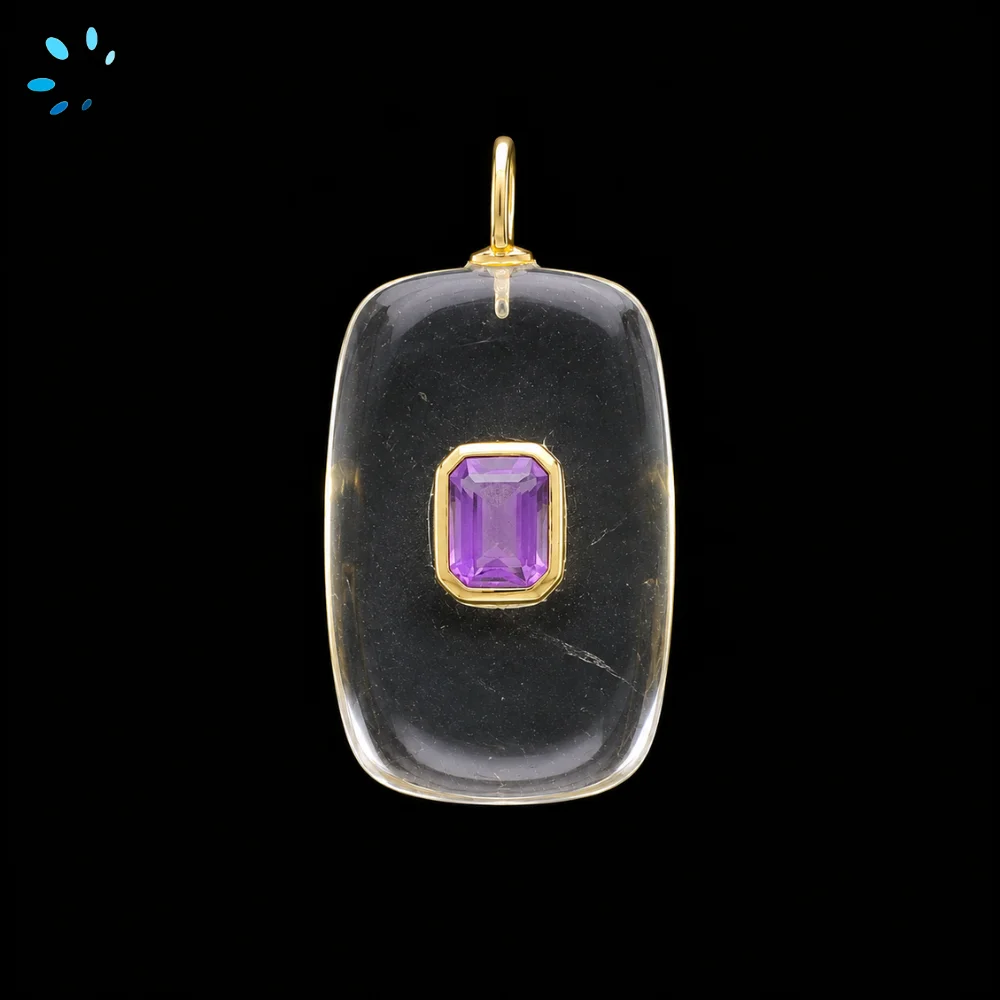 Crystal Quartz & Amethyst Slab Rectangle Inlay Pendant Charm 28x18mm - 18k Gold Plated Sterling Silver 1 Piece