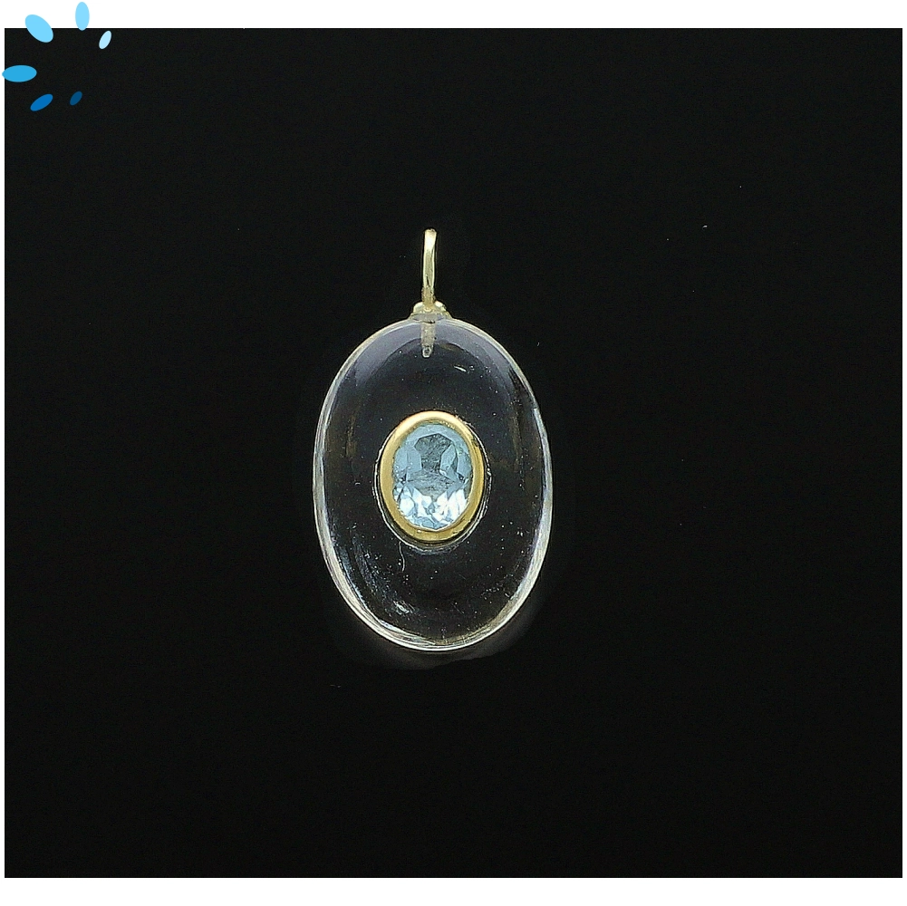 Crystal Quartz & Blue Topaz Oval Inlay Pendant Charm 22x15mm - 18k Gold Plated Sterling Silver