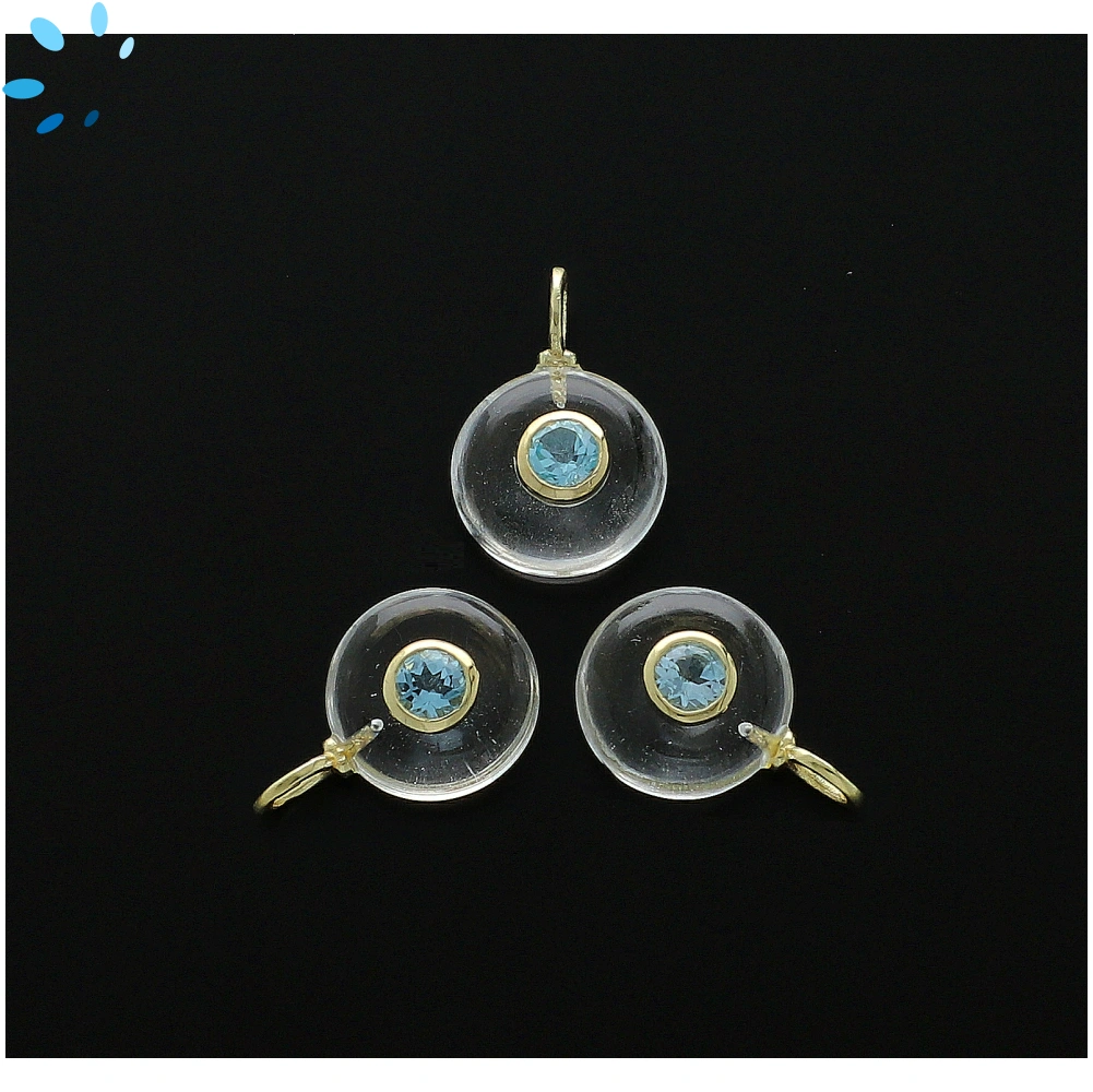 Crystal Quartz & Blue Topaz Round Inlay Charm Pendant 12mm - 18k Gold Plated Sterling Silver - 1 Piece
