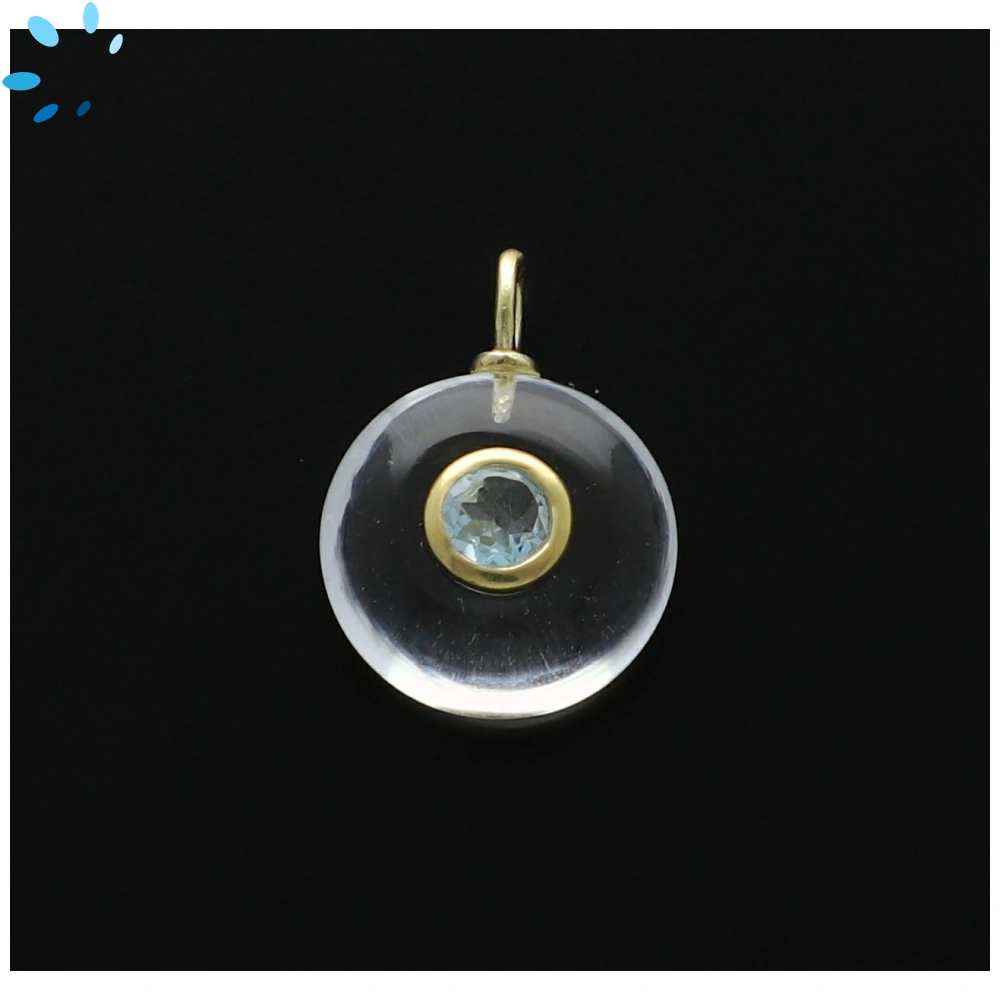 Crystal Quartz & Blue Topaz Round Inlay Charm Pendant 16mm - 18k Gold Plated Sterling Silver - 1 Piece