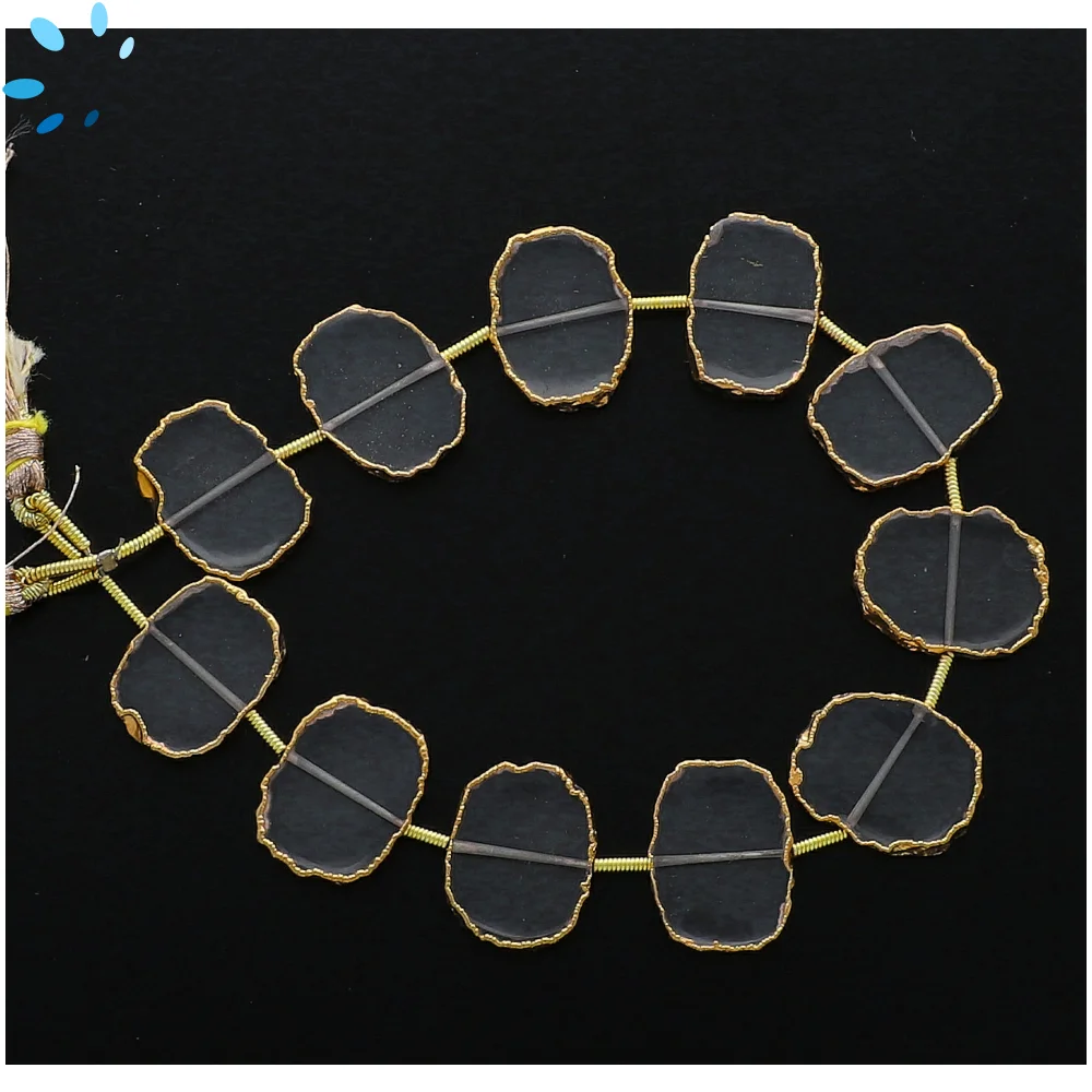 Crystal Quartz Center Drilled Slice Beads 15x12mm - 18k Gold Electroplated