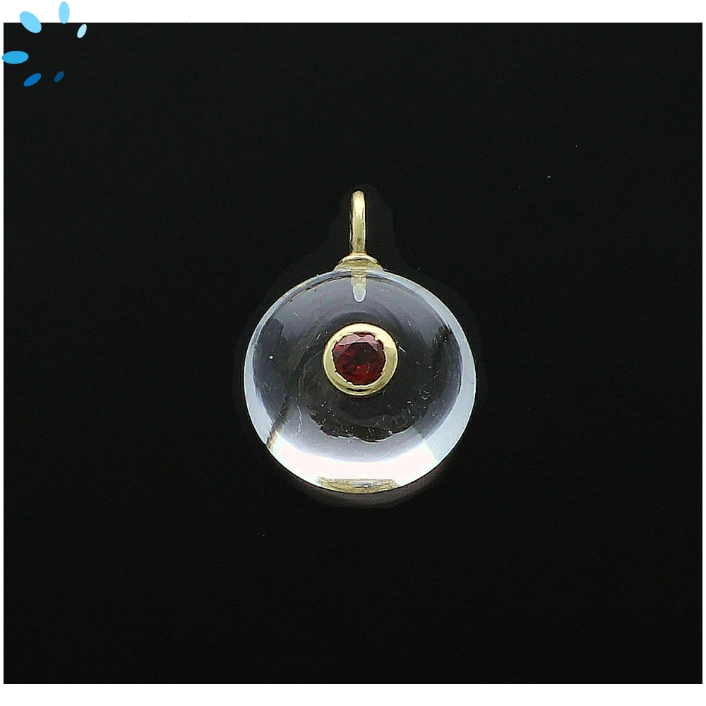 Crystal Quartz & Garnet Round Inlay Charm Pendant 16mm - 18k Gold Plated Sterling Silver