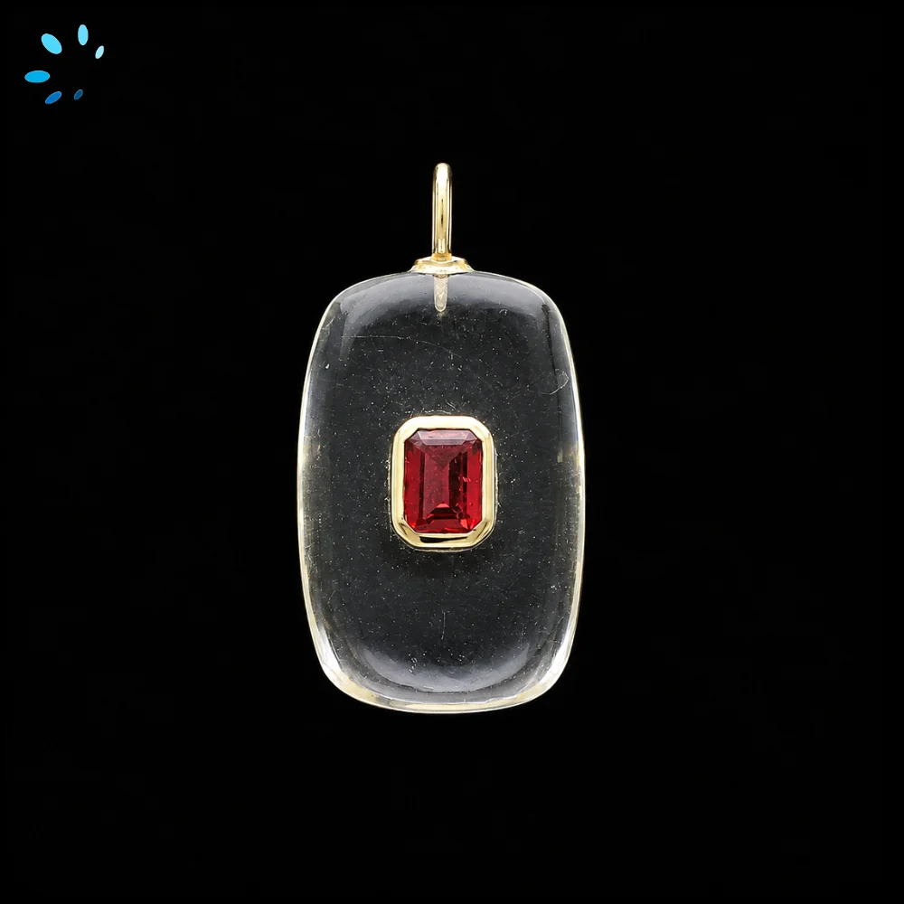 Crystal Quartz & Garnet Slab Rectangle Inlay Pendant Charm 28x18mm - 18k Gold Plated Sterling Silver 1 Piece