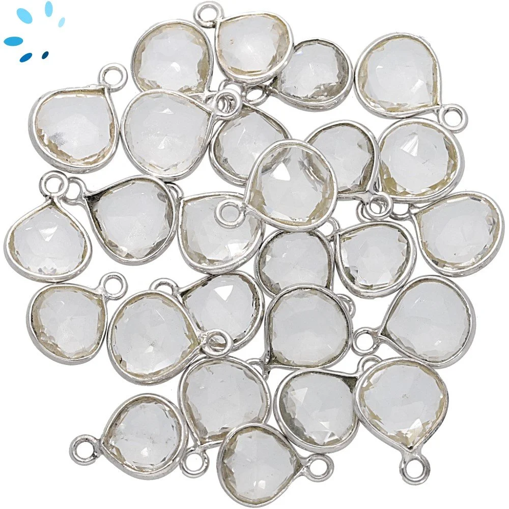 Crystal Quartz Heart Bezel Pendant Charm 9mm - Platinum Plated Sterling Silver - Set of 4