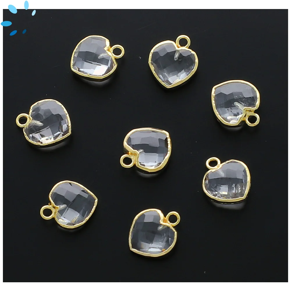 Crystal Quartz Heart Pendant Charm 9mm 18k Gold Electroplated - Set of 4