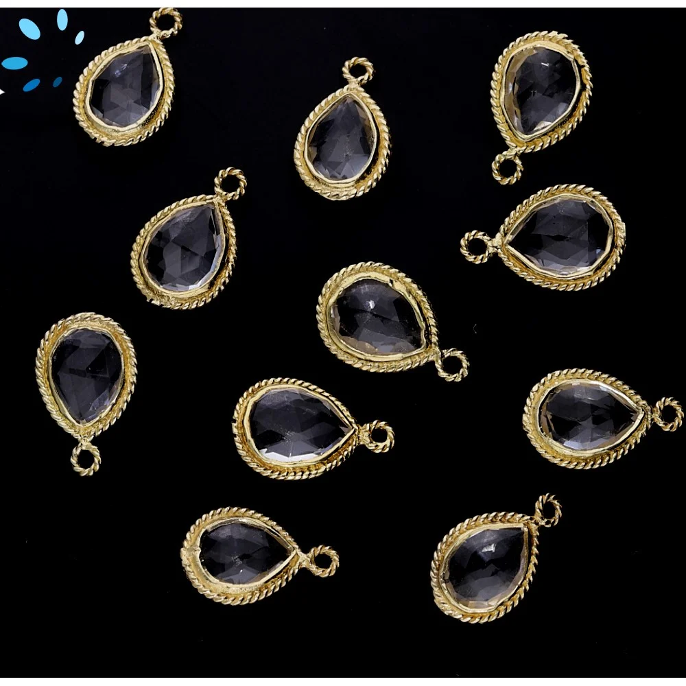 Crystal Quartz Pear Twisted Wire Bezel Charm Pendant 11x9mm - 18k Gold Plated Sterling Silver - Set of 4