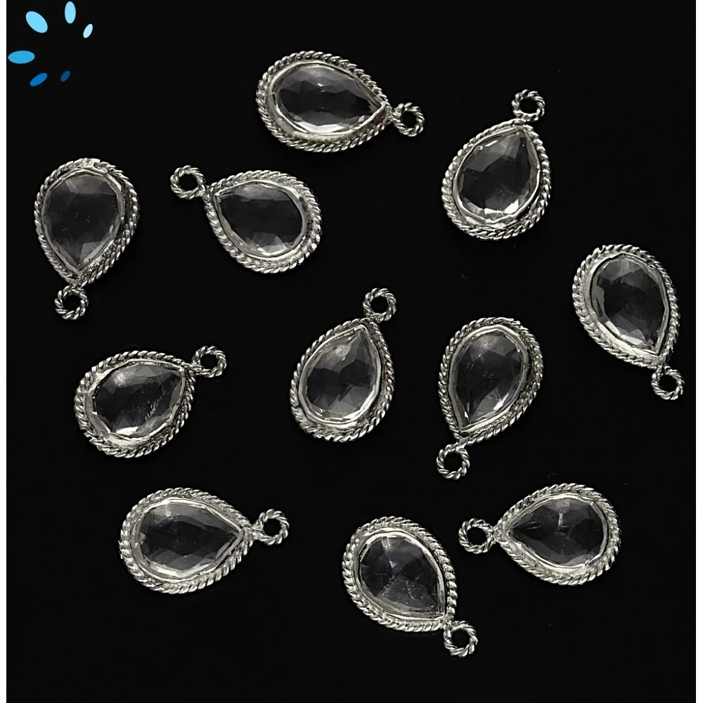 Crystal Quartz Pear Twisted Wire Bezel Pendant Charm 11x9mm - Silver Plated Sterling Silver - Set of 4