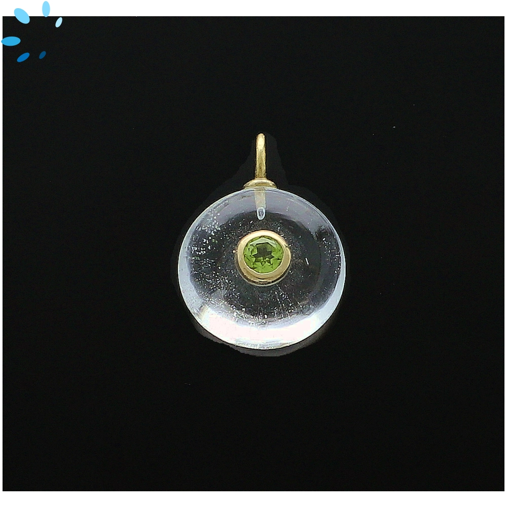 Crystal Quartz & Peridot Round Inlay Pendant Charm 16mm - 18k Gold Plated Sterling Silver