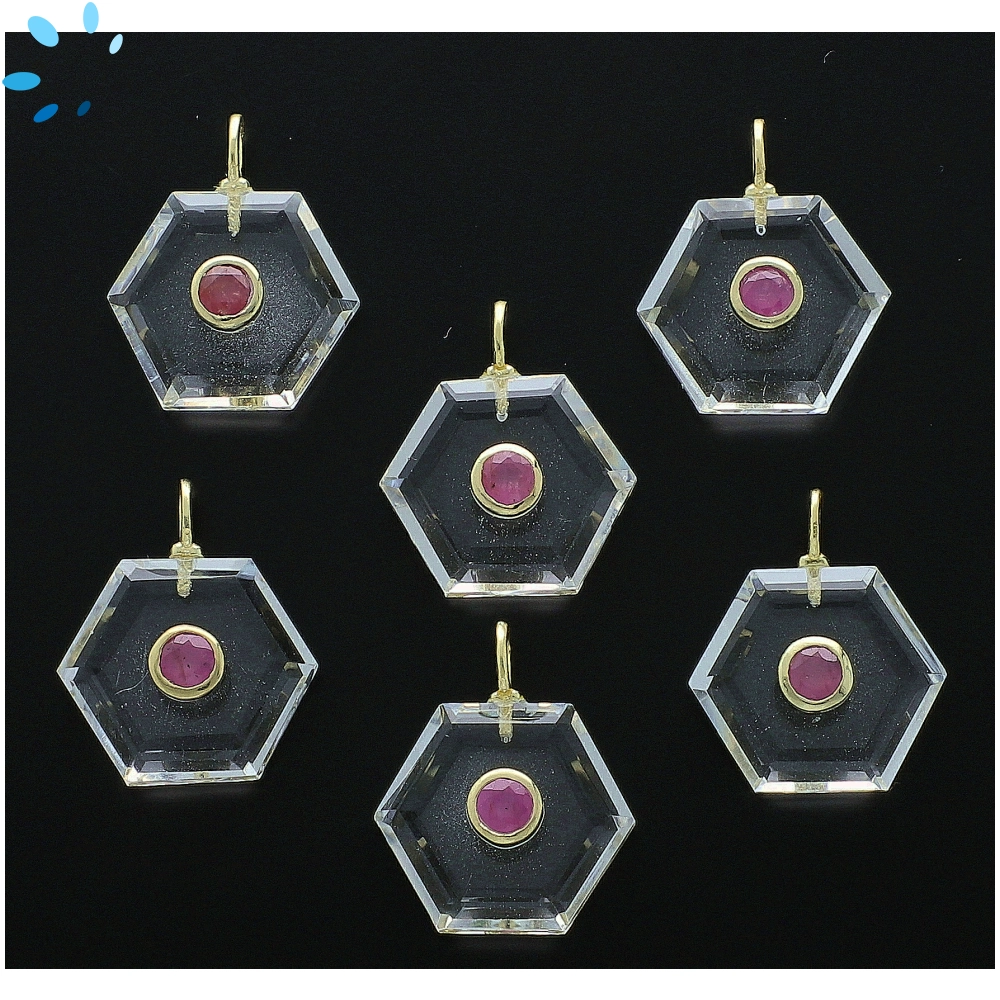 Crystal Quartz & Pink Sapphire Hexagon Inlay Pendant Charm 16mm - 18k ...