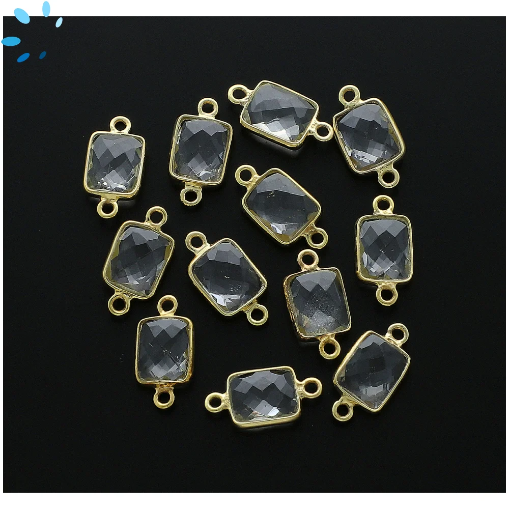 Crystal Quartz Rectangle Bezel Connector 11x9mm - 18k Gold Plated Sterling Silver - Set of 4