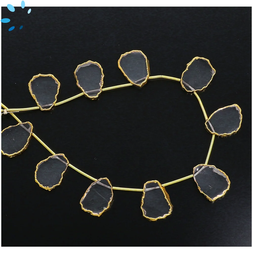 Crystal Quartz Top Drilled Slice Beads 15x12mm - 18k Gold Electroplated