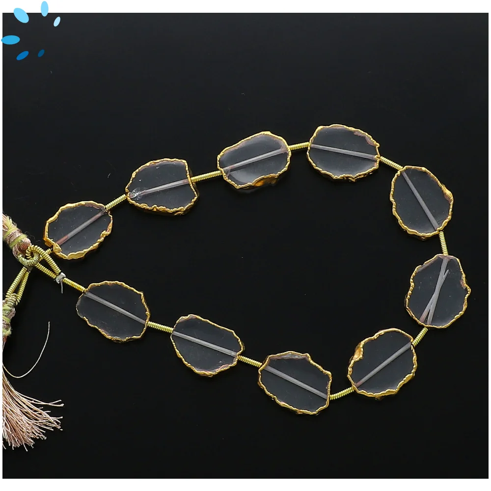Crystal Quartz Top to Bottom Drilled Slice Beads 15x12mm - 18k Gold Electroplated