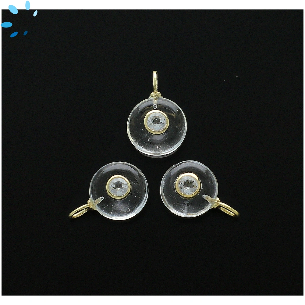 Crystal Quartz & White Topaz Round Inlay Charm Pendant 12mm - 18k Gold Plated Sterling Silver - 1 Piece