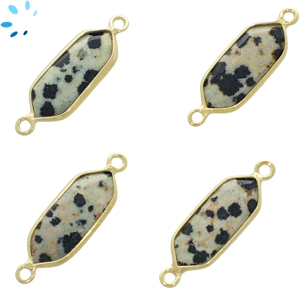 Dalmatian Jasper Elongated Hexagon Bezel Connector 16x7 - 18x8mm - 18k Gold Plated Sterling Silver - Set of 4