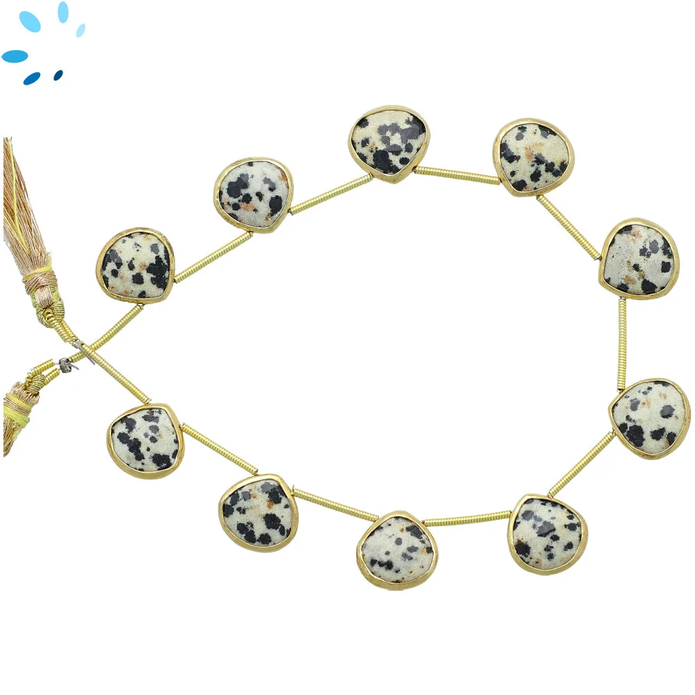 Dalmatian Jasper Faceted Heart Bezel Set Beads 12mm Top Drilled - 18k Gold Plated Sterling Silver