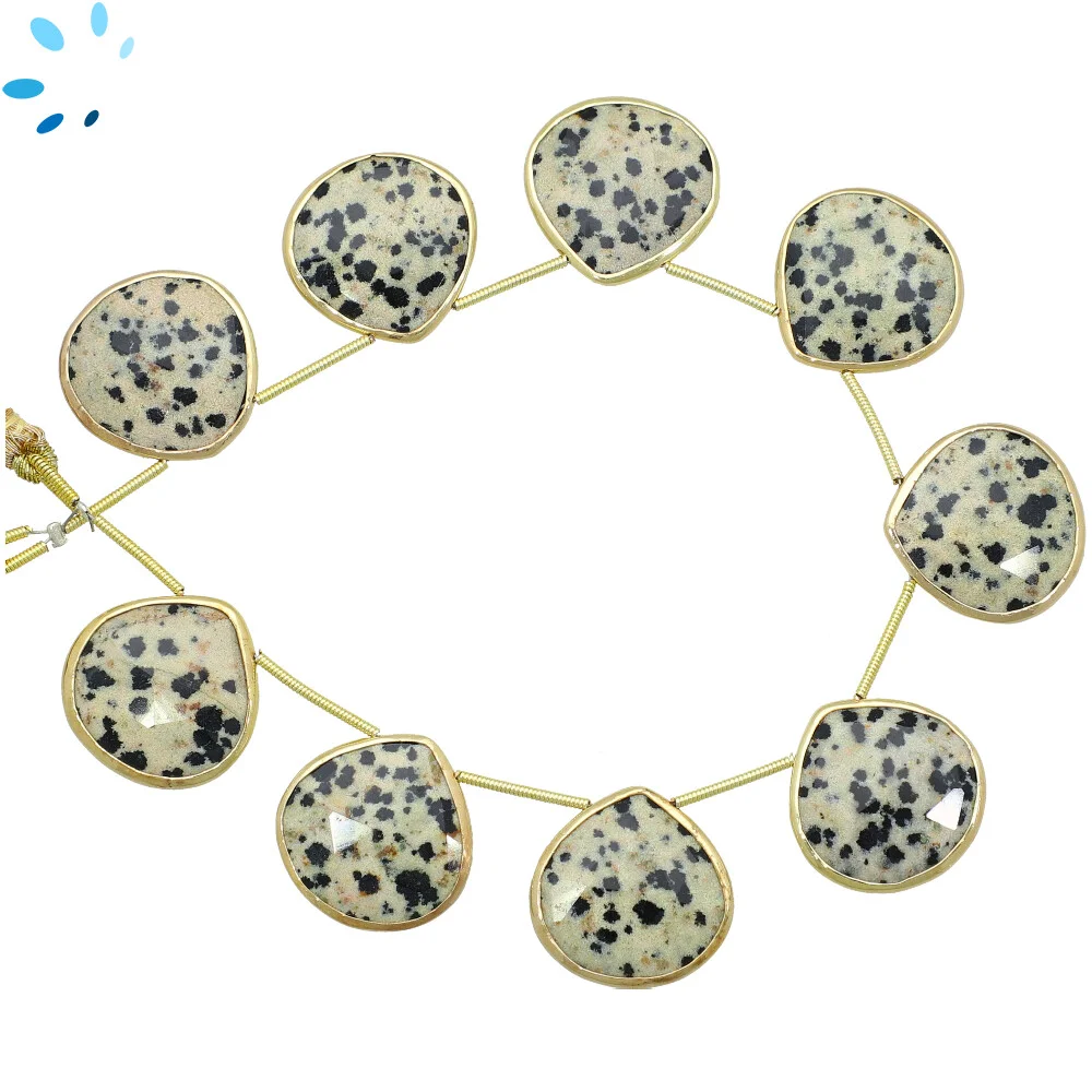 Dalmatian Jasper Faceted Heart Bezel Set Beads 19mm Top Drilled - 18k Gold Plated Sterling Silver