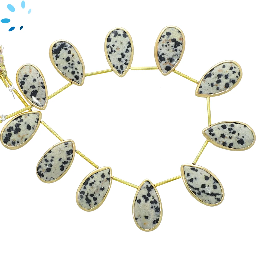 Dalmatian Jasper Faceted Long Pear Bezel Set Beads 21x11 - 24x12mm Top Drilled - 18k Gold Plated Sterling Silver