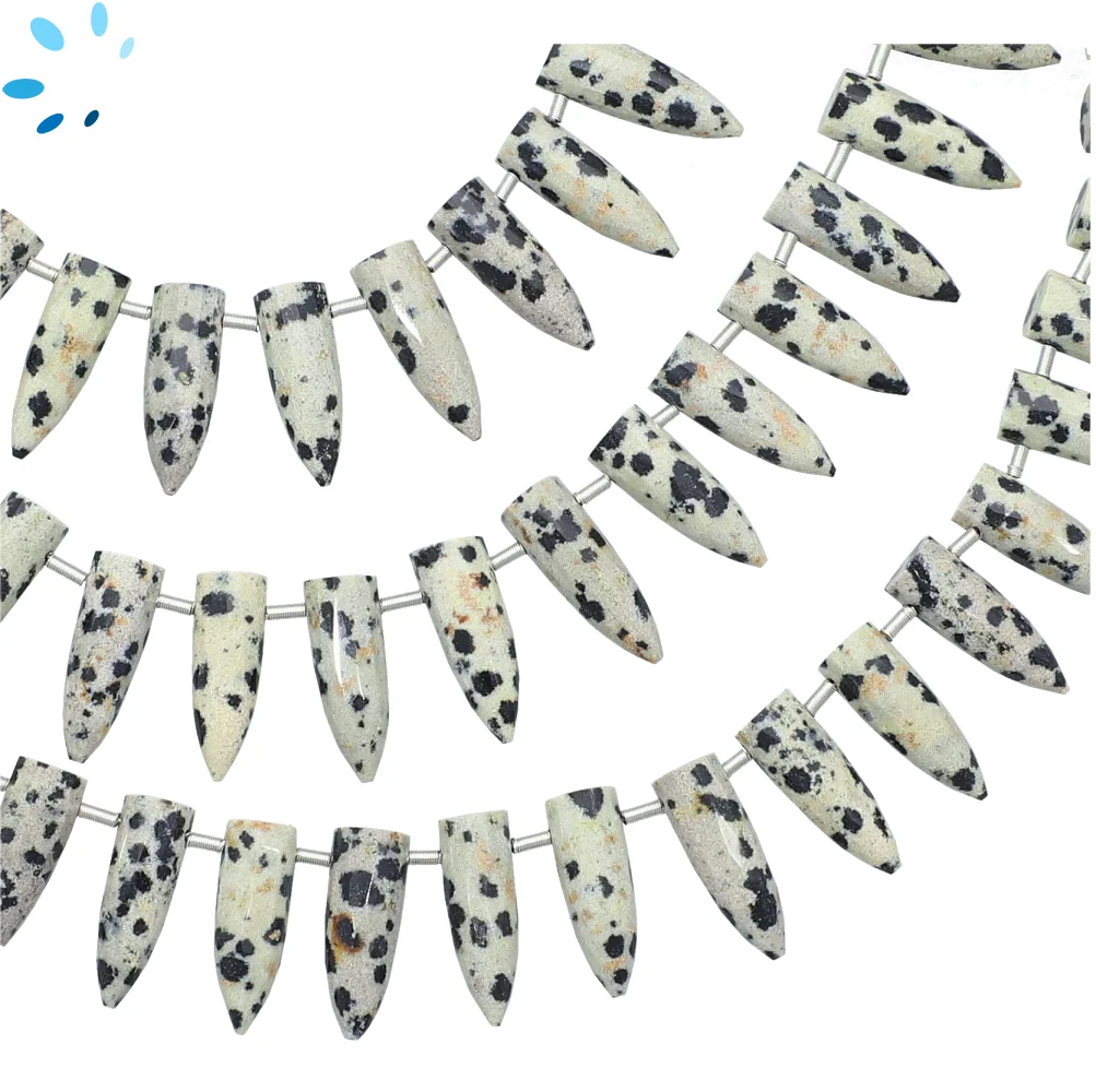 Dalmatian Jasper Faceted Spike Top Drilled Beads 15x5 - 17x6mm - 8 Inch Strand