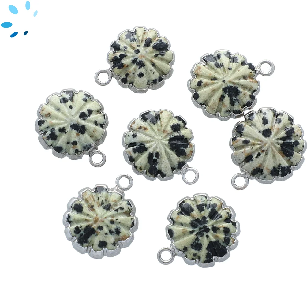 Dalmatian Jasper Flower Pendant Charm 14mm Silver Electroplated - Set of 4