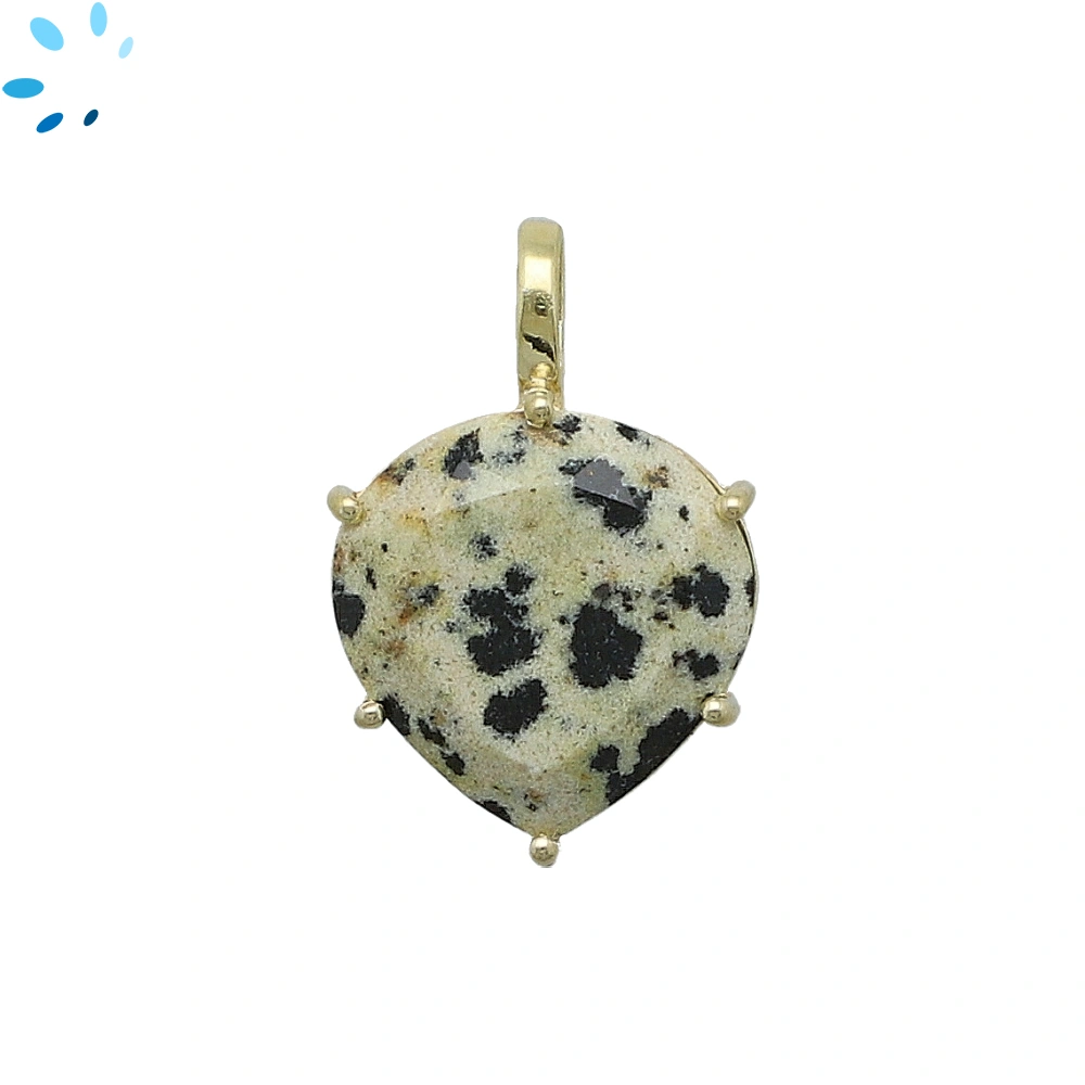 Dalmatian Jasper Heart Prong-Set Pendant Charm 16mm - 18k Gold Plated Sterling Silver - 1 Piece