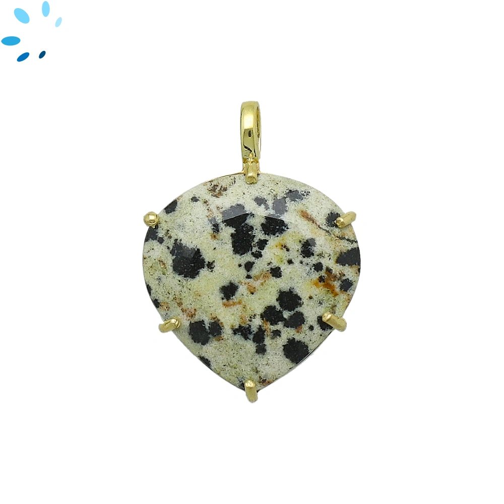 Dalmatian Jasper Heart Prong-Set Pendant Charm 21mm - 18k Gold Plated Sterling Silver - 1 Piece