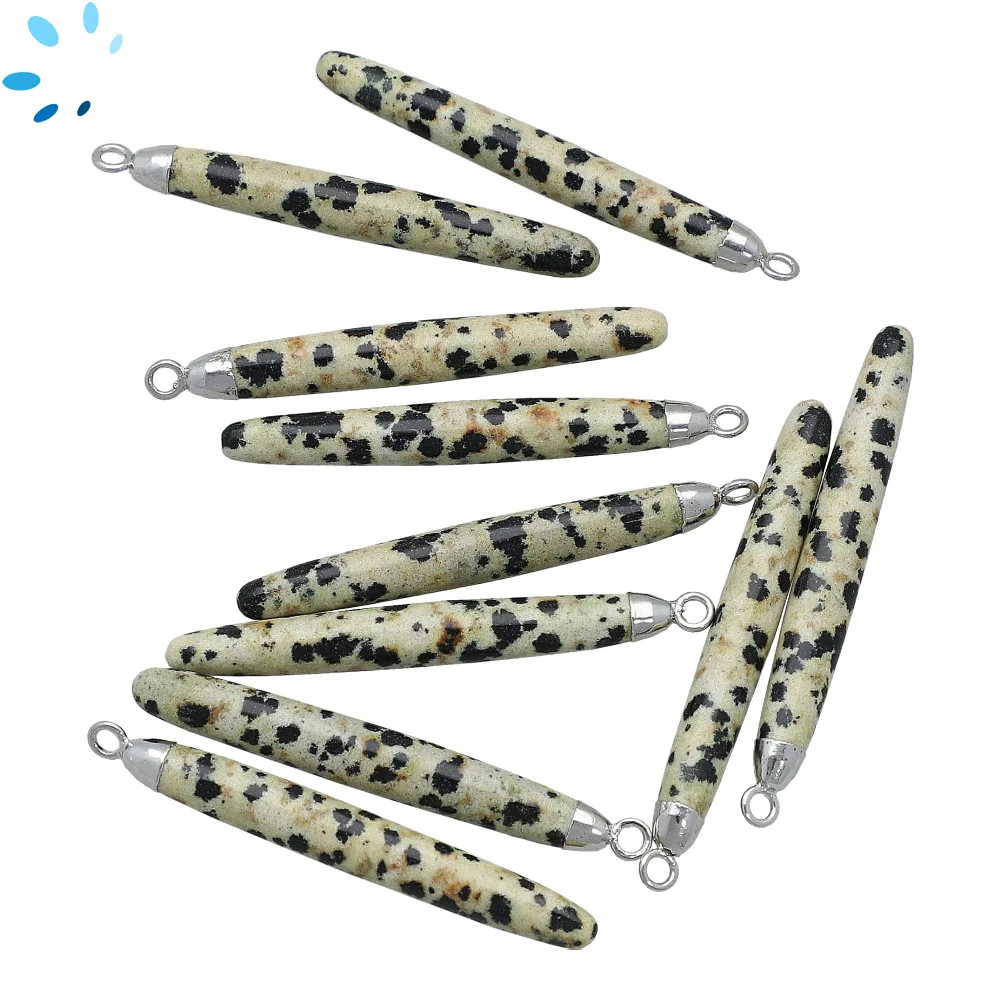 Dalmatian Jasper Long Drop Charm Pendant 39x6 - 41x6mm Silver Electroplated - Set of 2