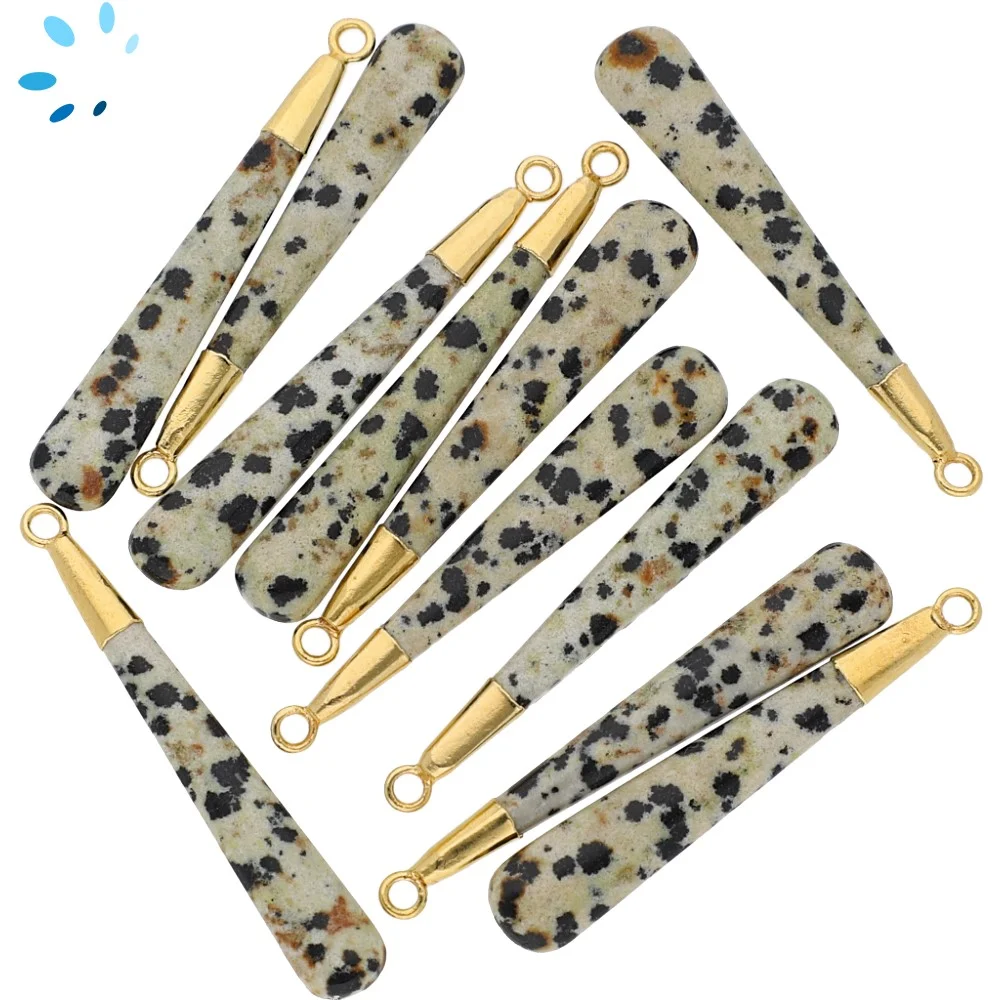 Dalmatian Jasper Long Drop Pendant Charm 39x6 - 41x6mm 18k Gold Electroplated - Set of 2