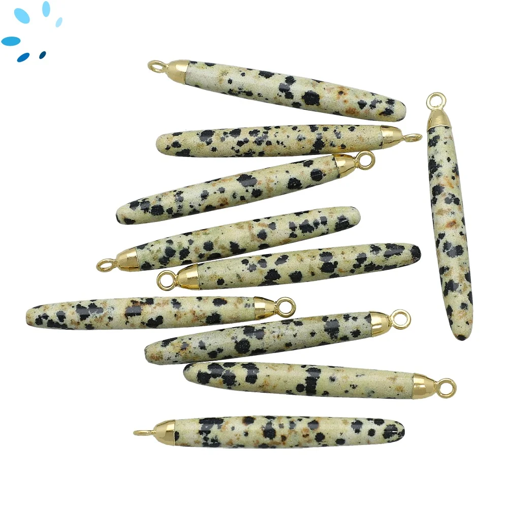Dalmatian Jasper Long Drop Pendant Charm 39x6 - 41x6mm 18k Gold Electroplated - Set of 2