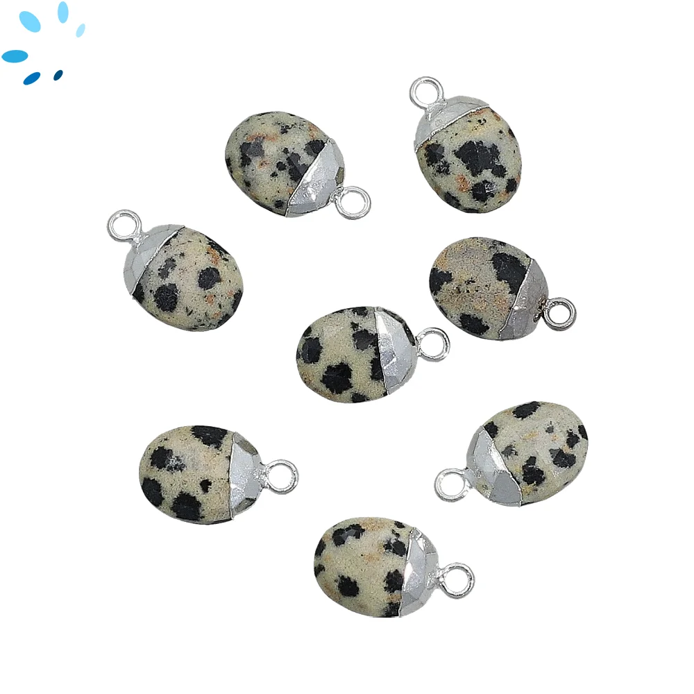 Dalmatian Jasper Oval Charm Pendant 10x8mm Silver Electroplated - Set of 4