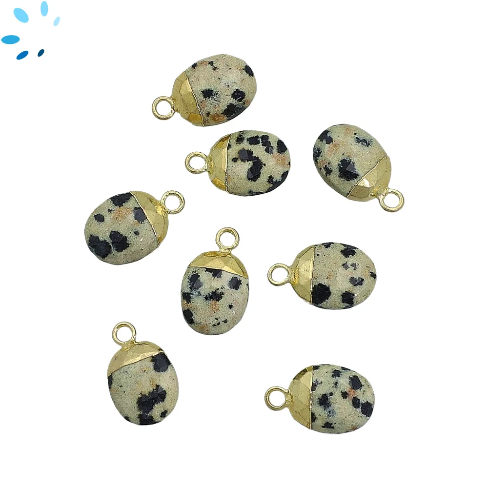 Dalmatian Jasper Oval Pendant Charm 10x8mm 18k Gold Electroplated - Set of 4