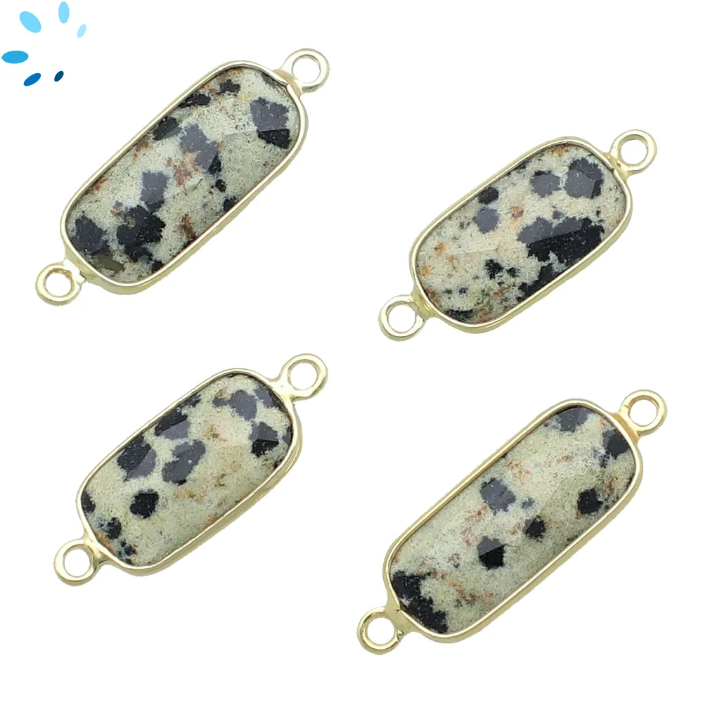 Dalmatian Jasper Rectangle Bezel Connector 16x7 - 18x8mm - 18k Gold Plated Sterling Silver - Set of 4
