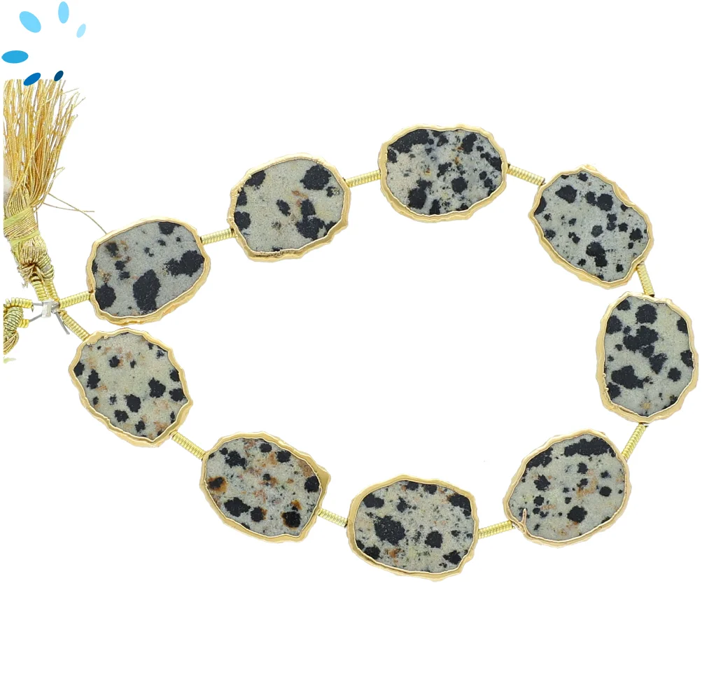 Dalmatian Jasper Top to Bottom Drilled Slice Beads 15x12mm - 18k Gold Electroplated