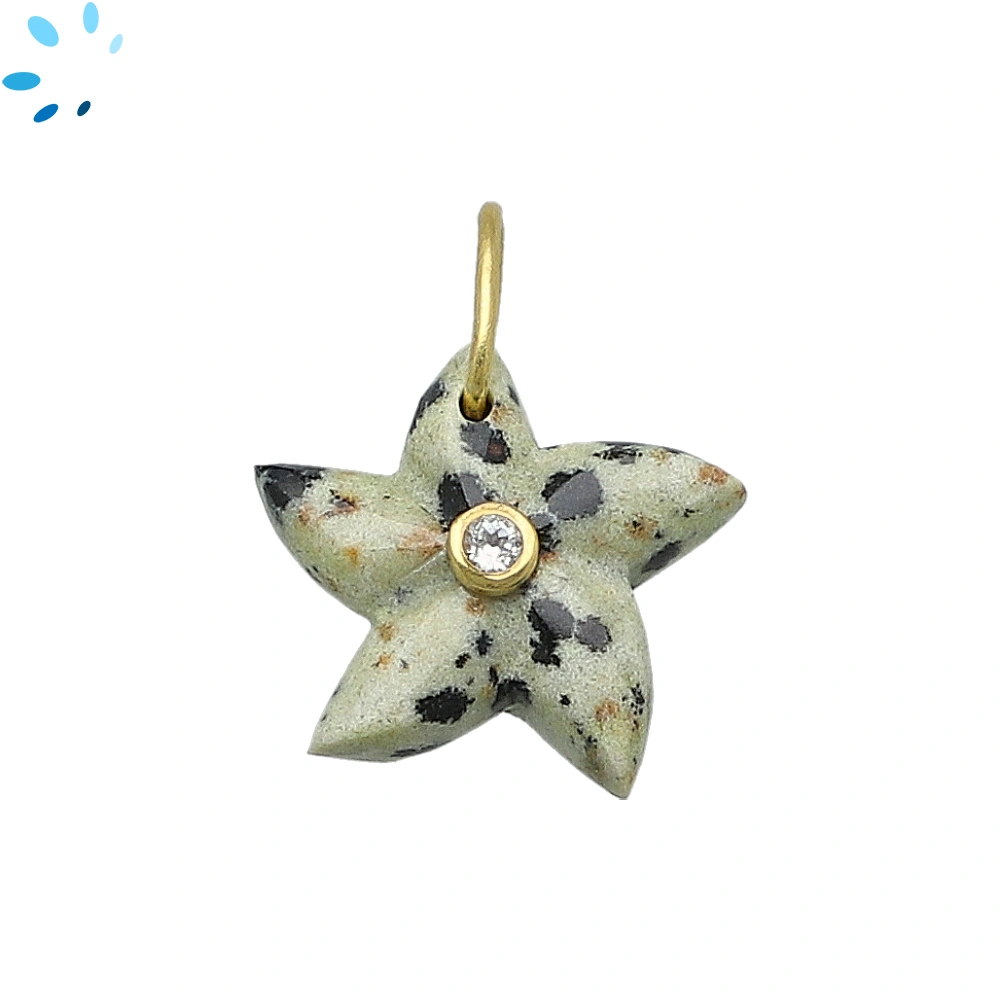 Dalmatian Jasper & White Topaz Starfish Inlay Pendant Charm 15-16mm - 18k Gold Plated Sterling Silver - Set of 2