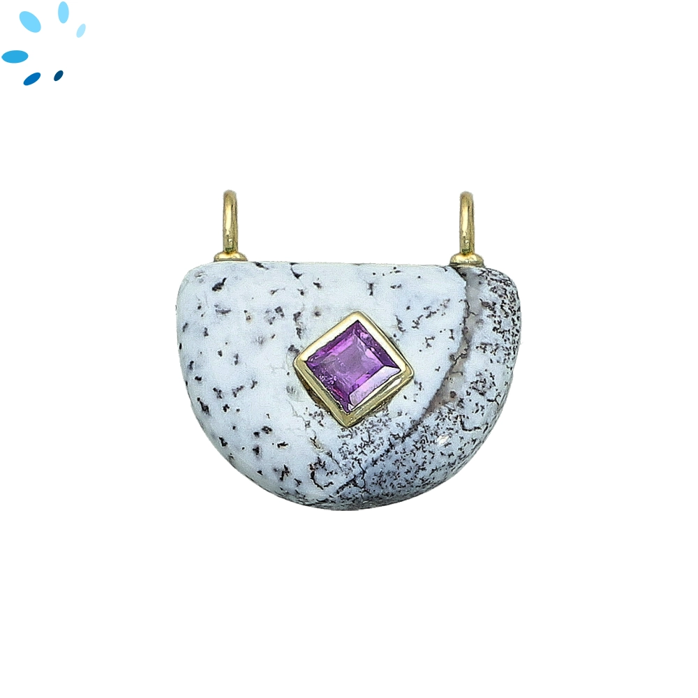 Dendrite Opal & Amethyst Fancy Shape Inlay Charm Pendant 24x16mm - 18k Gold Plated Sterling Silver