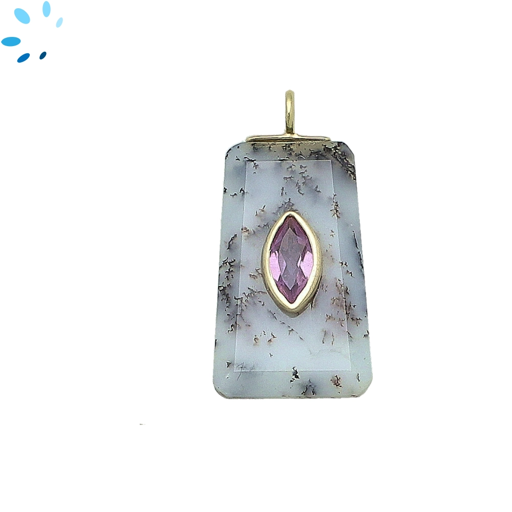Dendrite Opal & Amethyst Fancy Shape Inlay Pendant Charm 24x15mm - 18k Gold Plated Sterling Silver