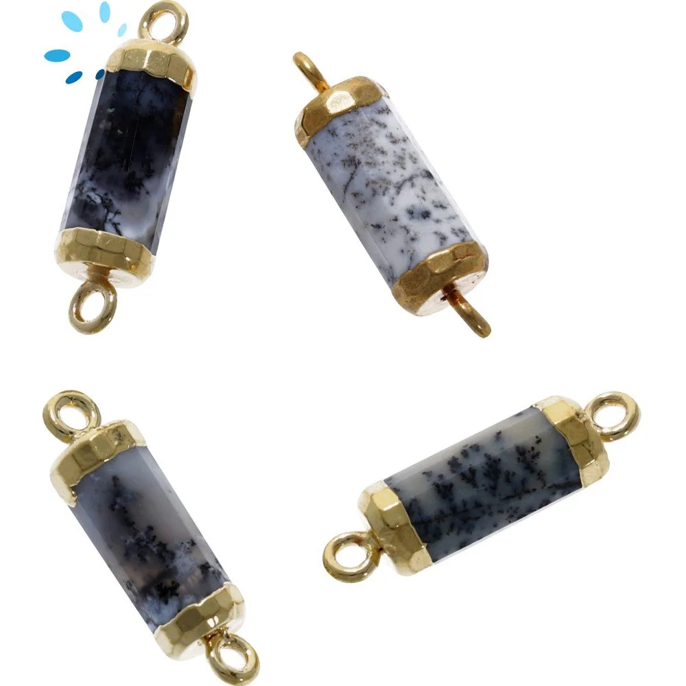 Dendrite Opal Barrel Connector 13x5mm 18k Gold Electroplated - Set of 4