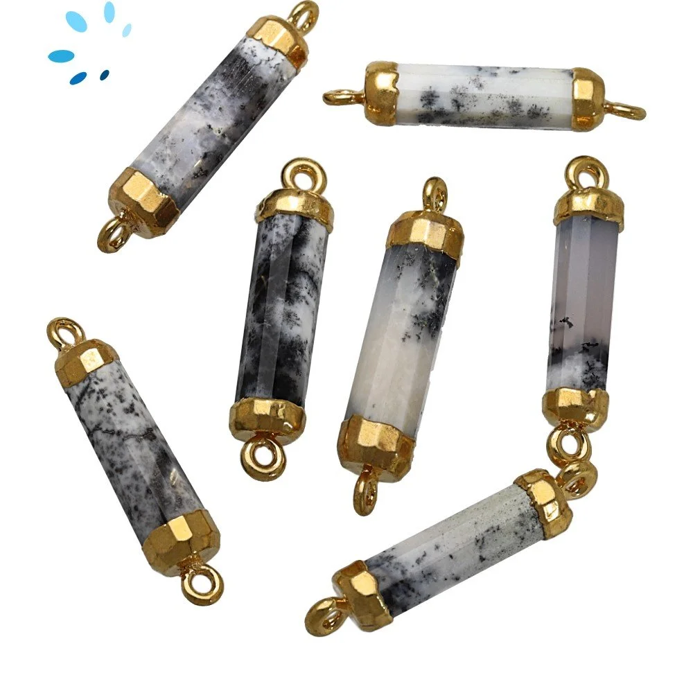 Dendrite Opal Barrel Connector 18x5mm 18k Gold Electroplated - Set of 4