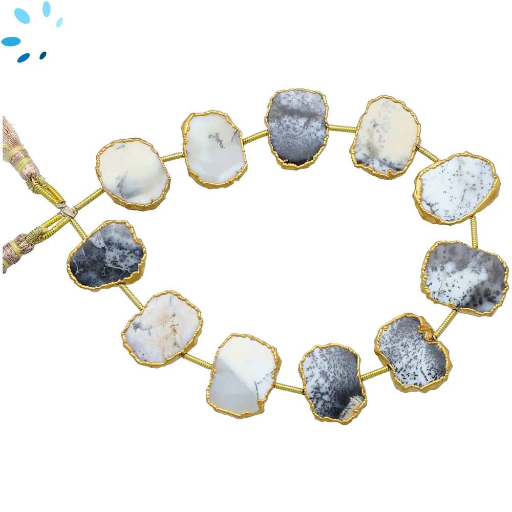Dendrite Opal Center Drilled Slice Beads 15x12mm - 18k Gold Electroplated