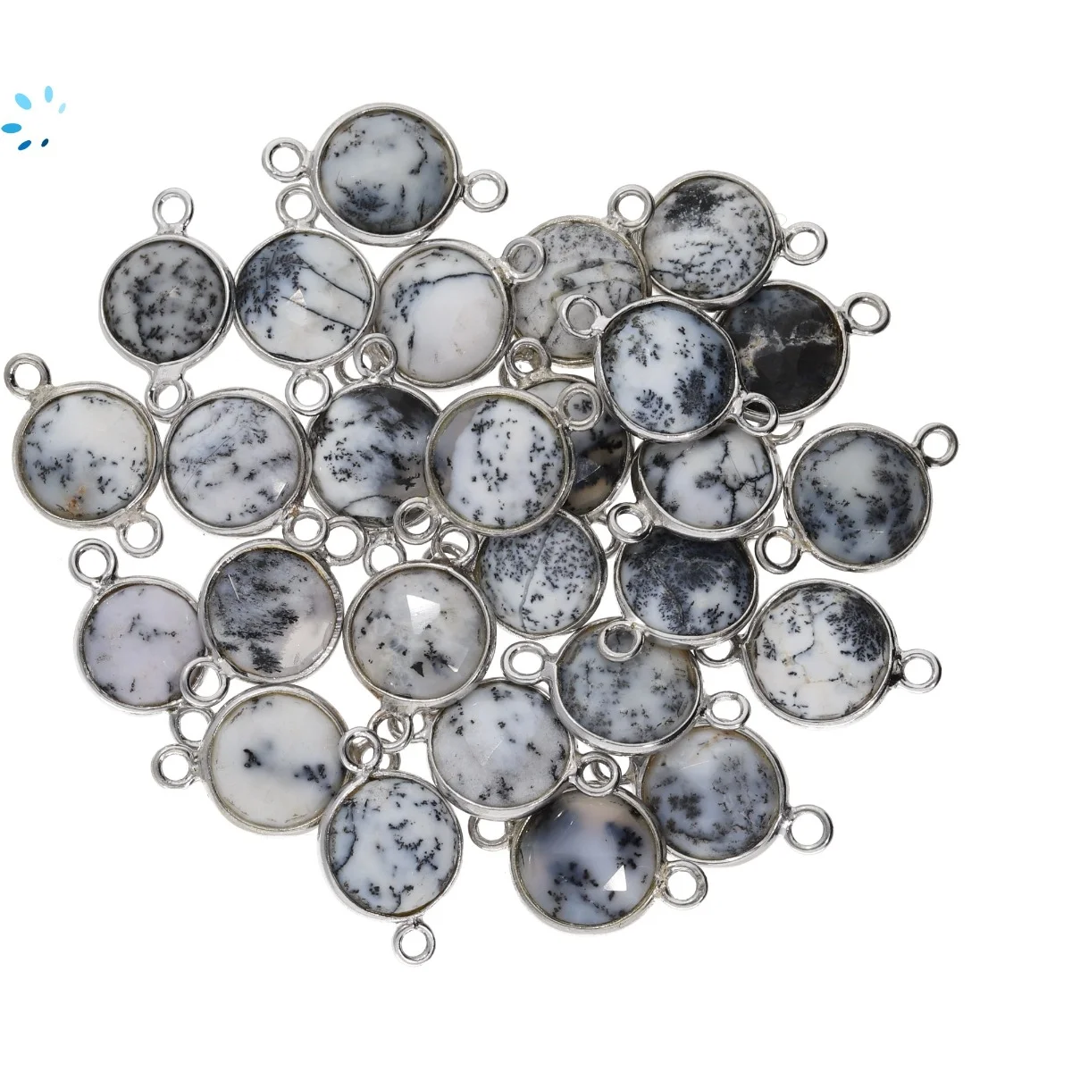Dendrite Opal Coin Bezel Connector 8mm - Platinum Plated Sterling Silver - Set of 4