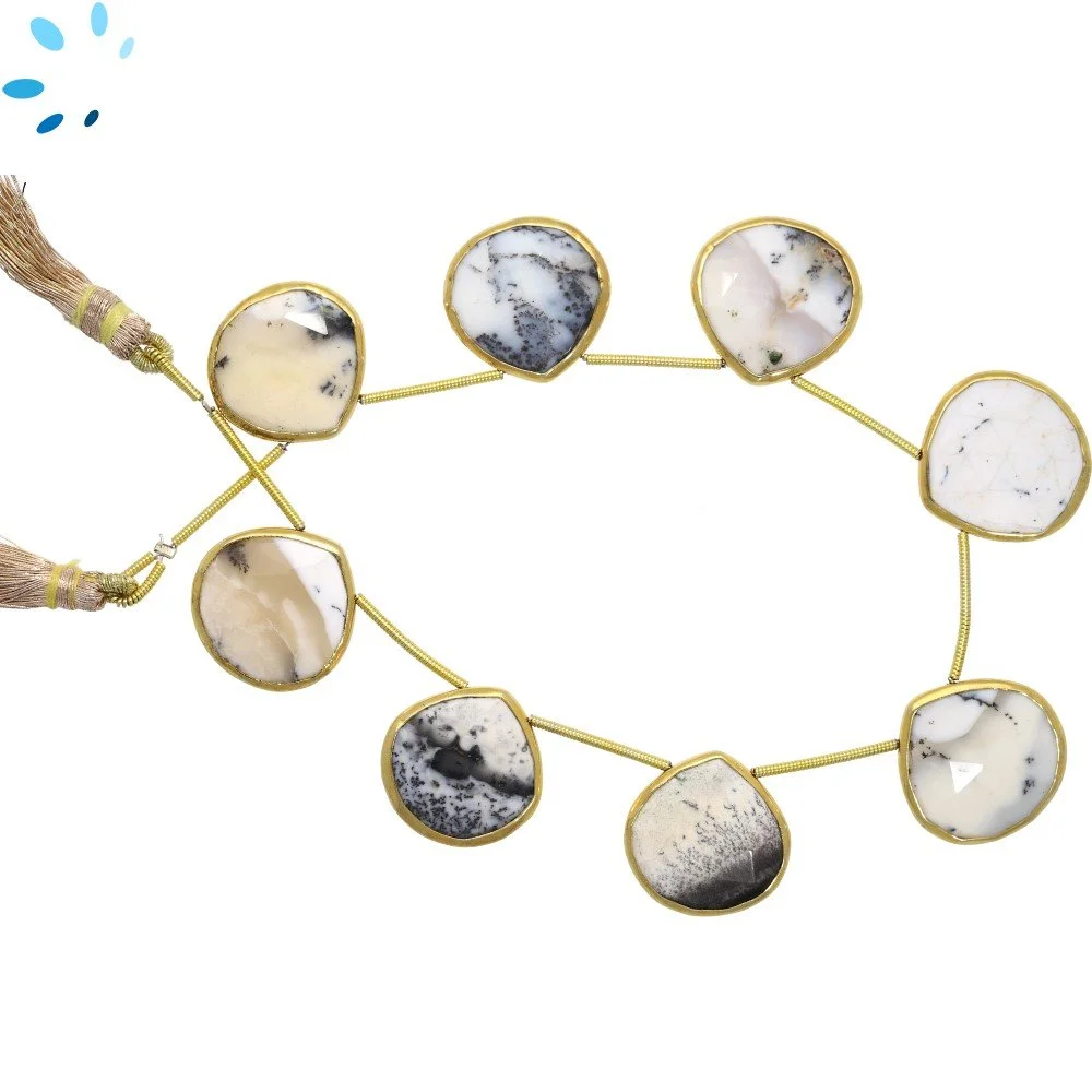 Dendrite Opal Faceted Heart Bezel Set Beads 17mm Top Drilled - 18k Gold Plated Sterling Silver